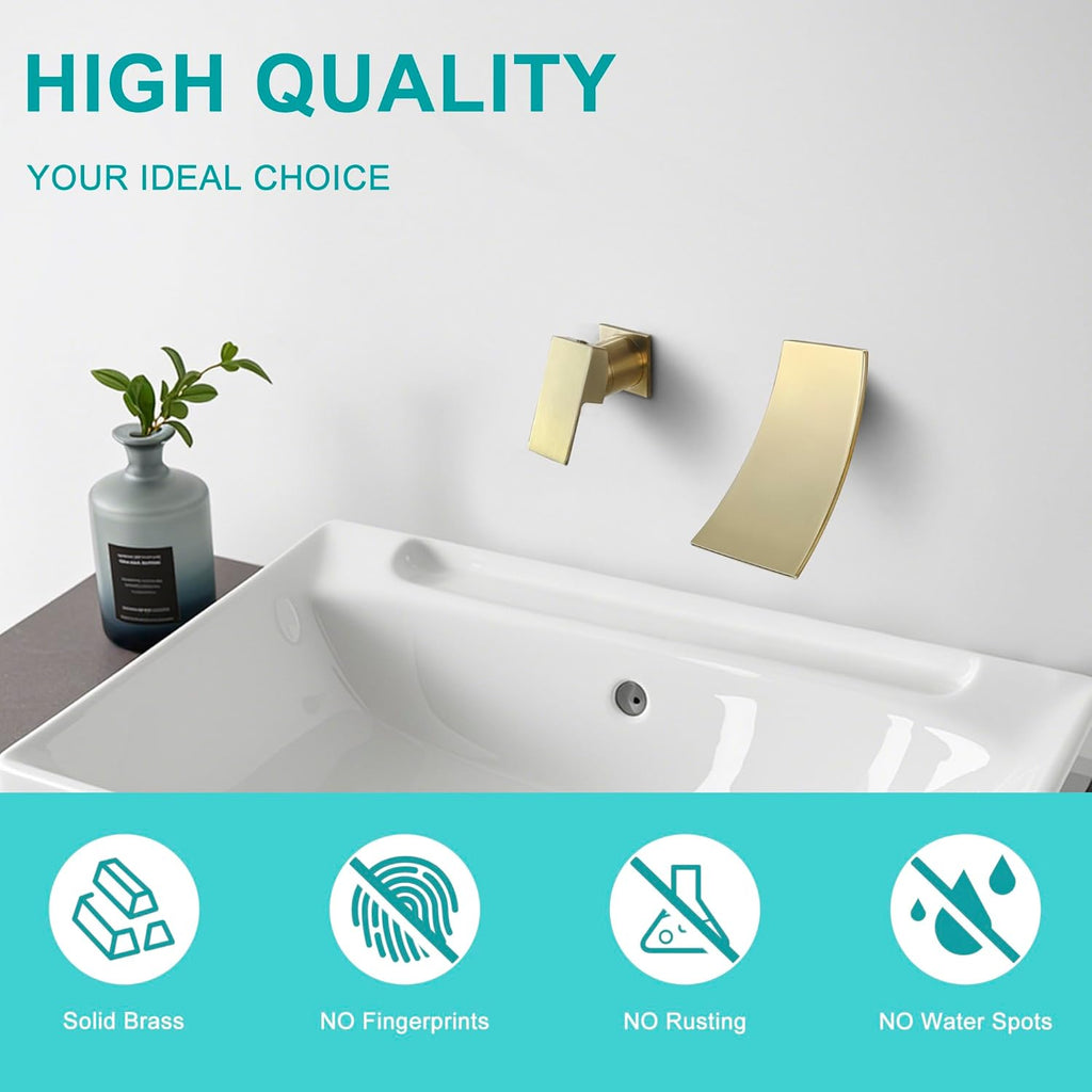 Single Handle Wall Mount Bathroom Sink Faucet, Brushed Gold Waterfall Modern Tub Faucet Set, Waterfall Spout