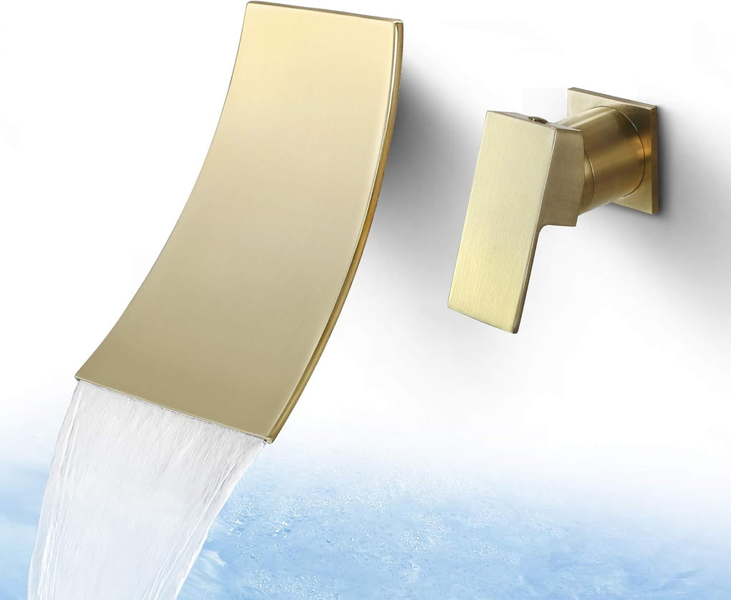 Single Handle Wall Mount Bathroom Sink Faucet, Brushed Gold Waterfall Modern Tub Faucet Set, Waterfall Spout