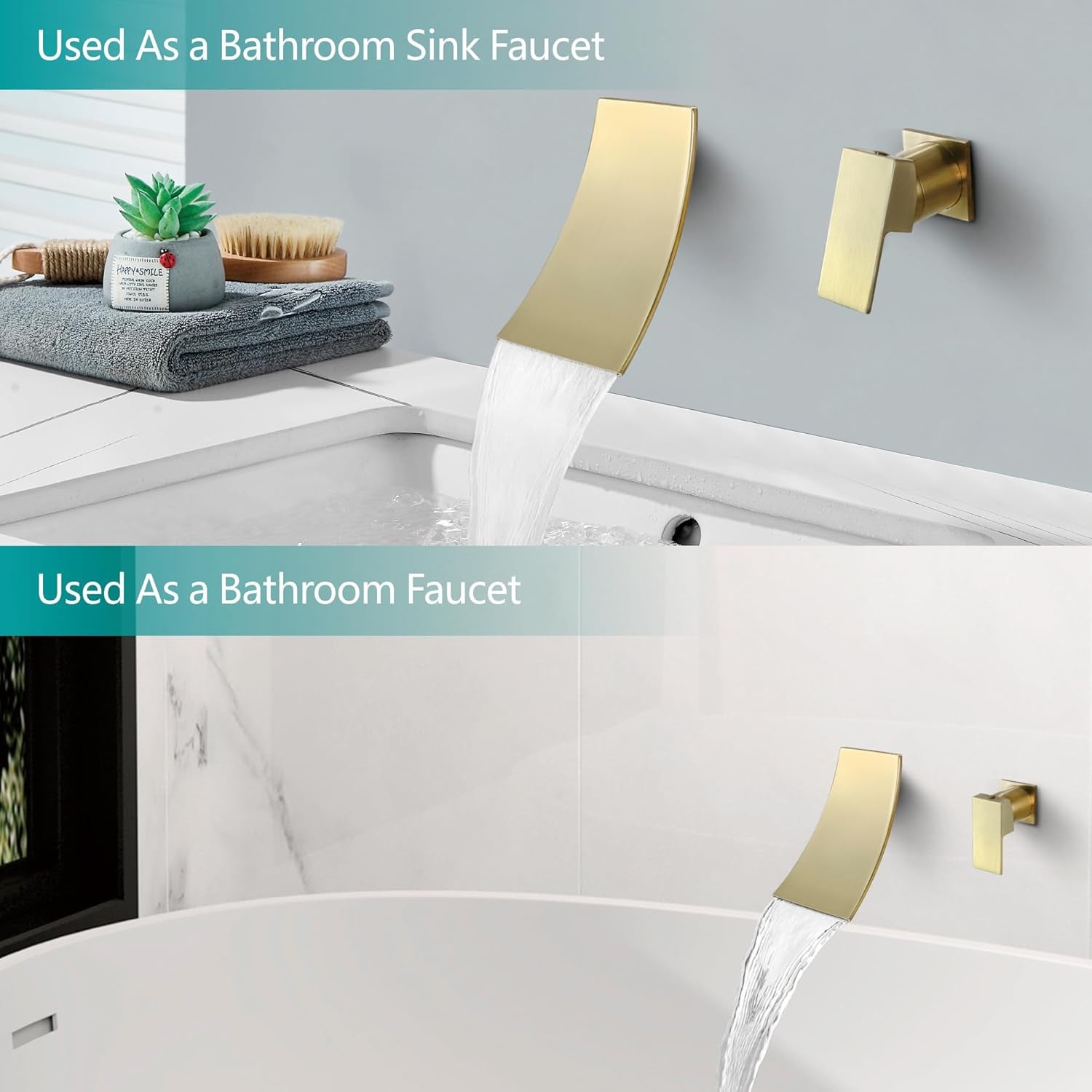 Single Handle Wall Mount Bathroom Sink Faucet, Brushed Gold Waterfall Modern Tub Faucet Set, Waterfall Spout