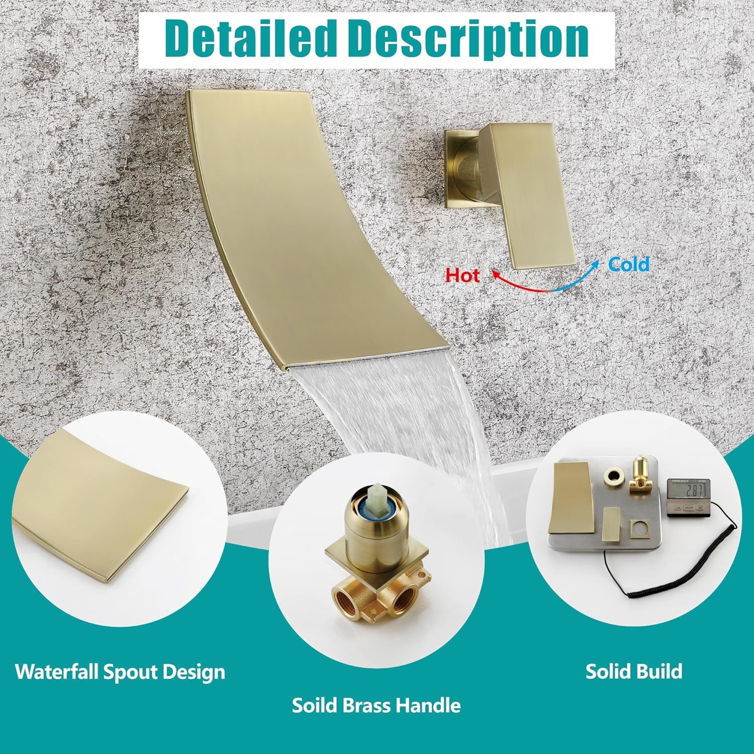 Single Handle Wall Mount Bathroom Sink Faucet, Brushed Gold Waterfall Modern Tub Faucet Set, Waterfall Spout