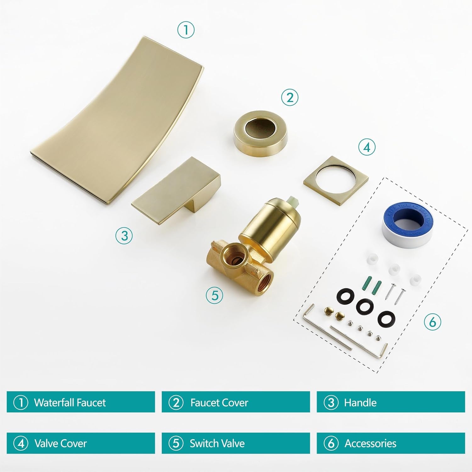 Single Handle Wall Mount Bathroom Sink Faucet, Brushed Gold Waterfall Modern Tub Faucet Set, Waterfall Spout