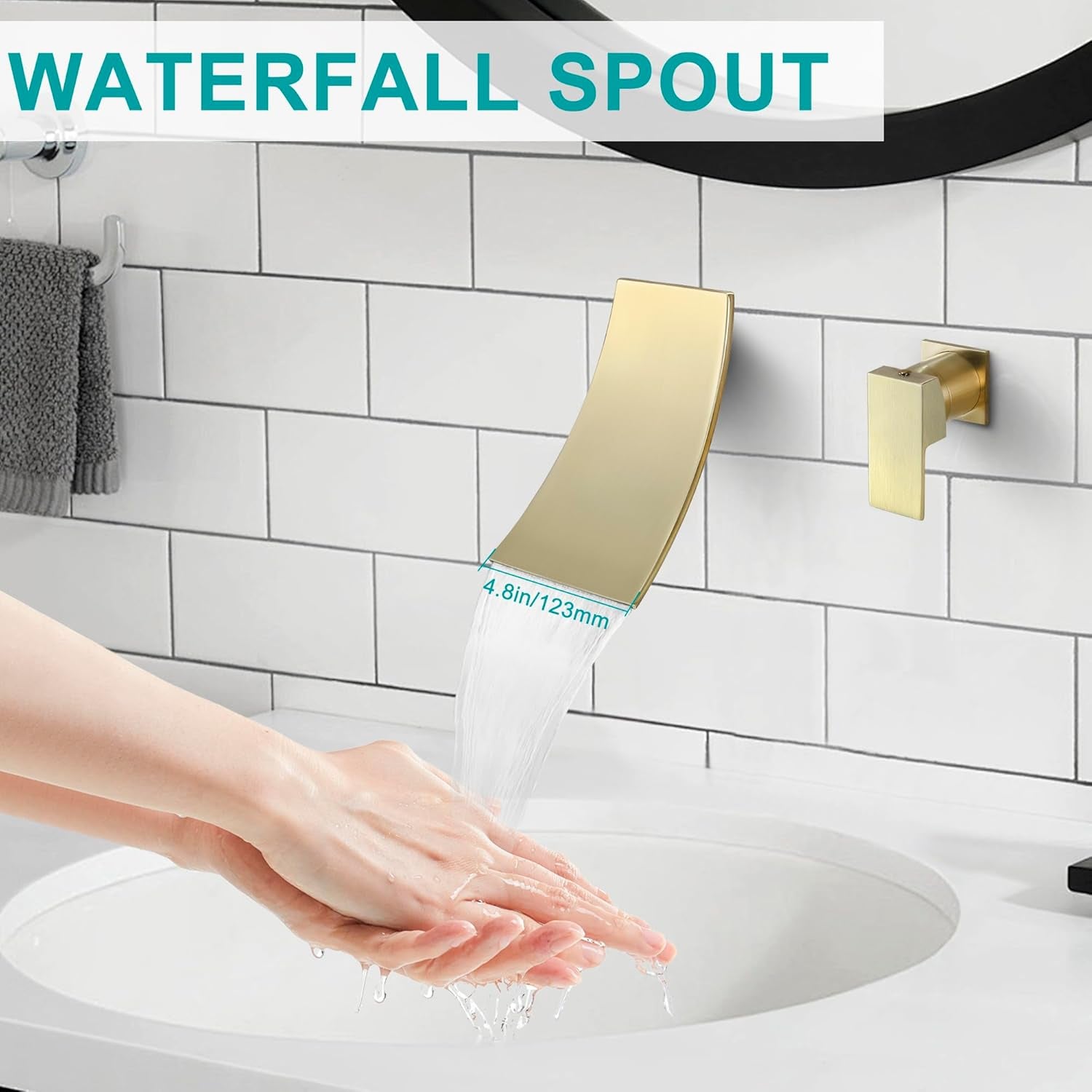Single Handle Wall Mount Bathroom Sink Faucet, Brushed Gold Waterfall Modern Tub Faucet Set, Waterfall Spout