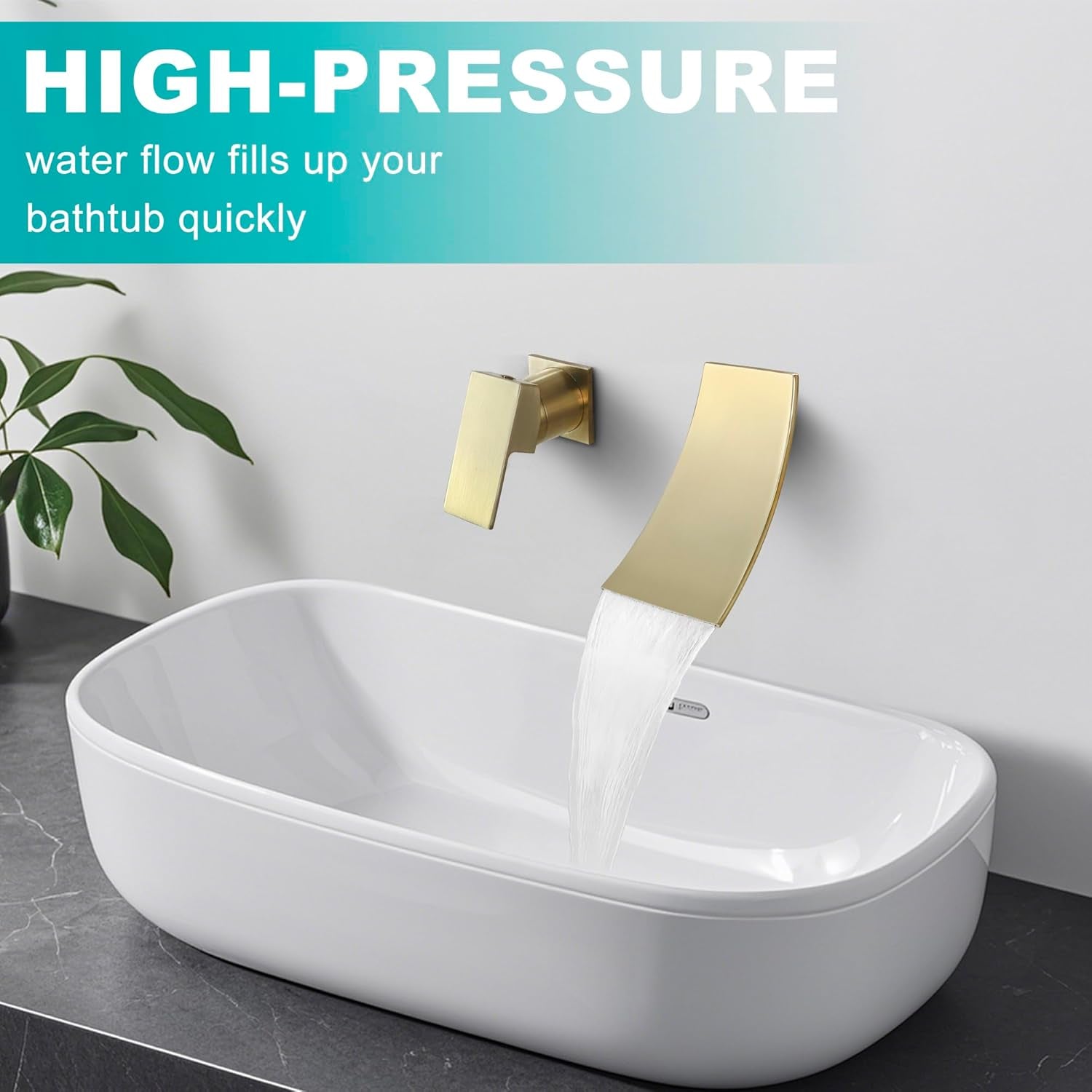 Single Handle Wall Mount Bathroom Sink Faucet, Brushed Gold Waterfall Modern Tub Faucet Set, Waterfall Spout