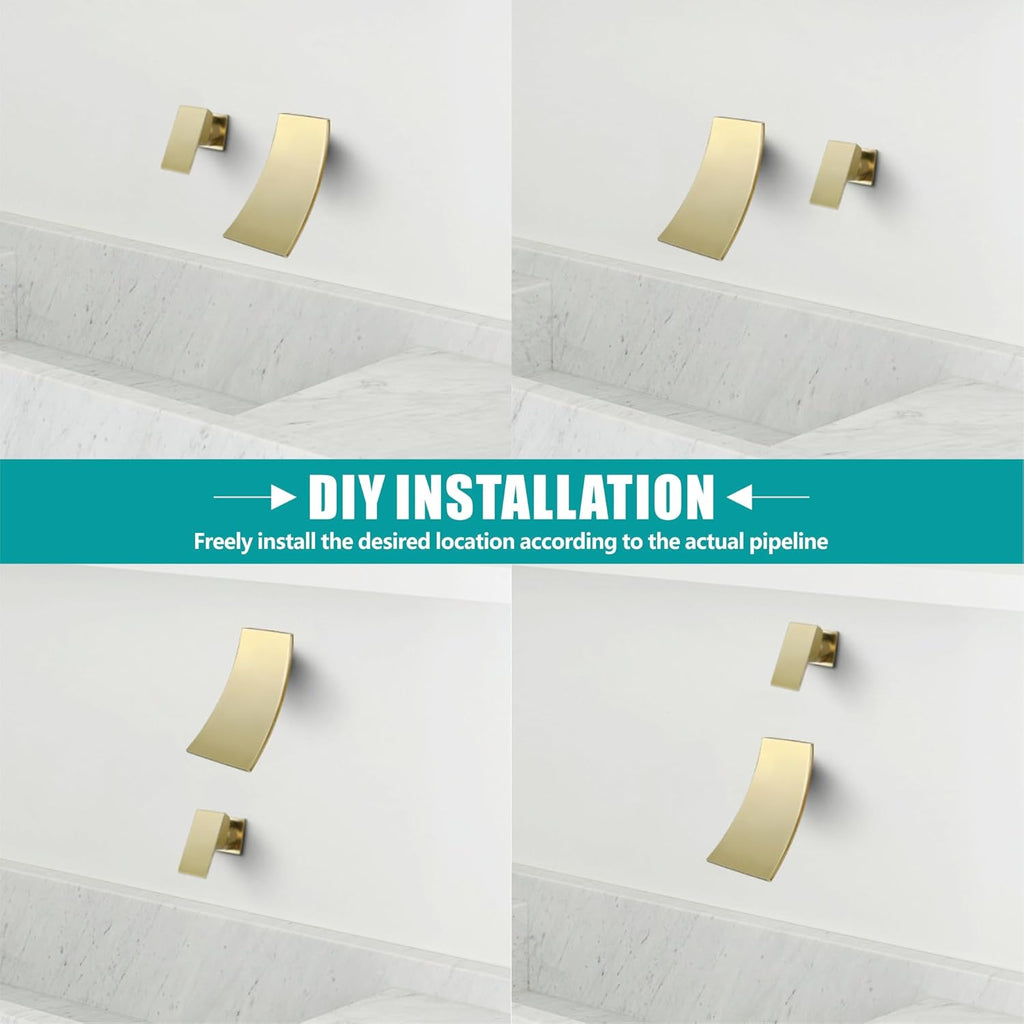 Single Handle Wall Mount Bathroom Sink Faucet, Brushed Gold Waterfall Modern Tub Faucet Set, Waterfall Spout