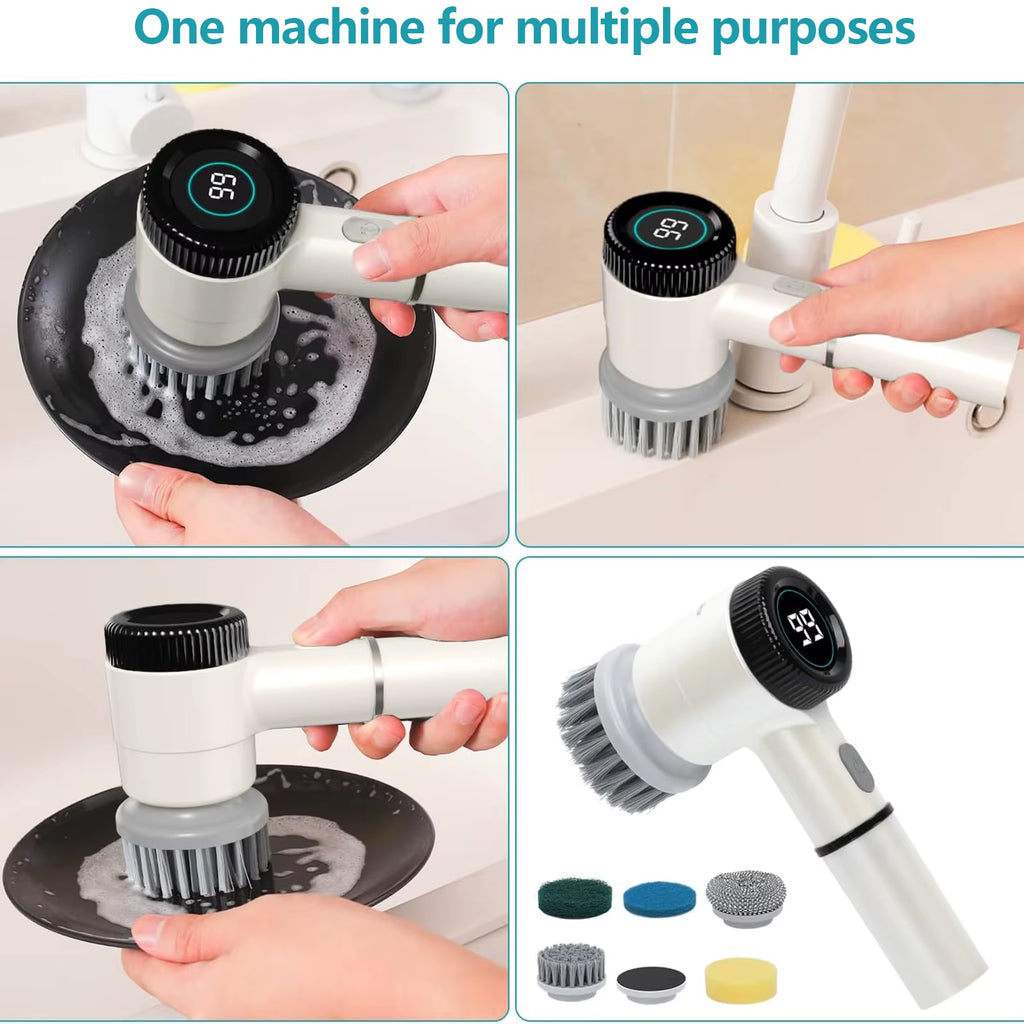 Electric Cleaning Brush, Cordless Cleaning Brush with 5 Cleaning Heads, 3 Adjustable Speeds, LED Display Cleaning Brush